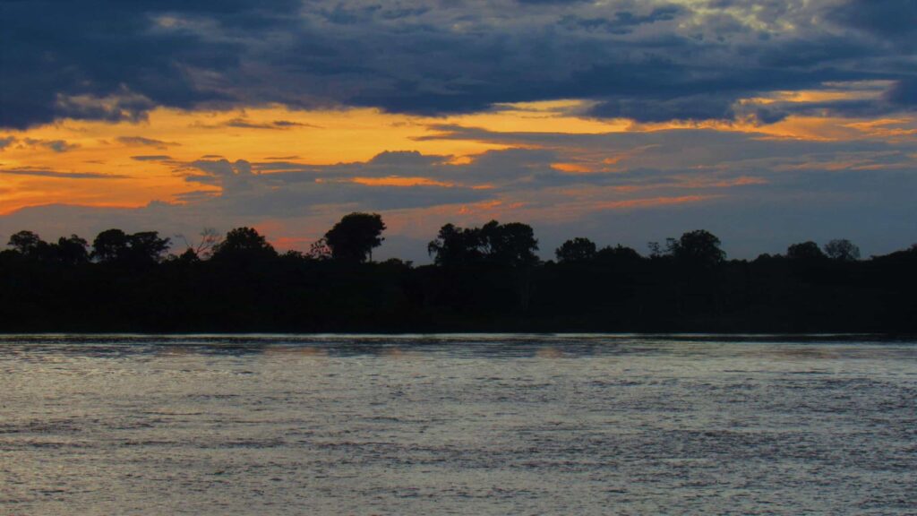 Golden sunset over the Amazon River with trees along the riverbank in Leticia, Colombia