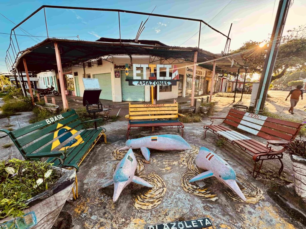 Benches representing Colombia, Peru and Brazil at the triple border area in Leticia, Colombia
