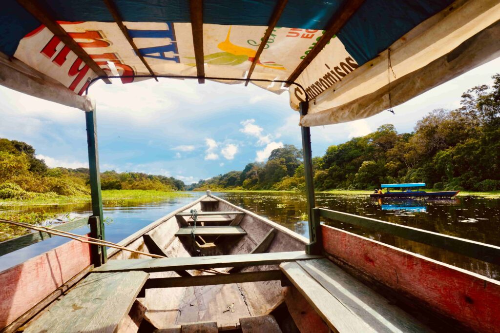 View from a boat on Tarapoto Lake surrounded by lush green Amazon rainforest near Puerto Nariño, Colombia