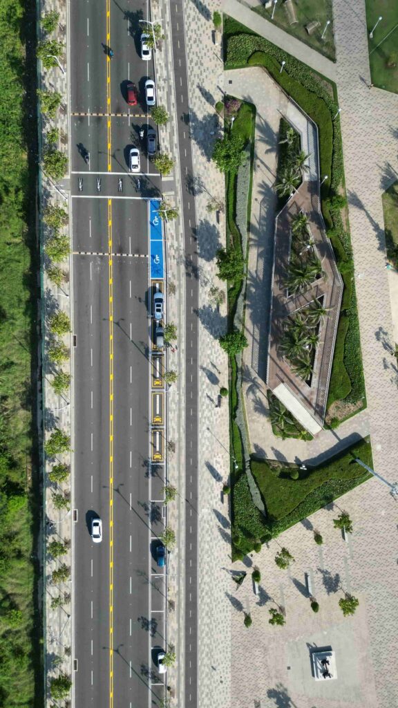 Aerial view of the Gran Malecón boardwalk next to the river in Barranquilla, Colombia.