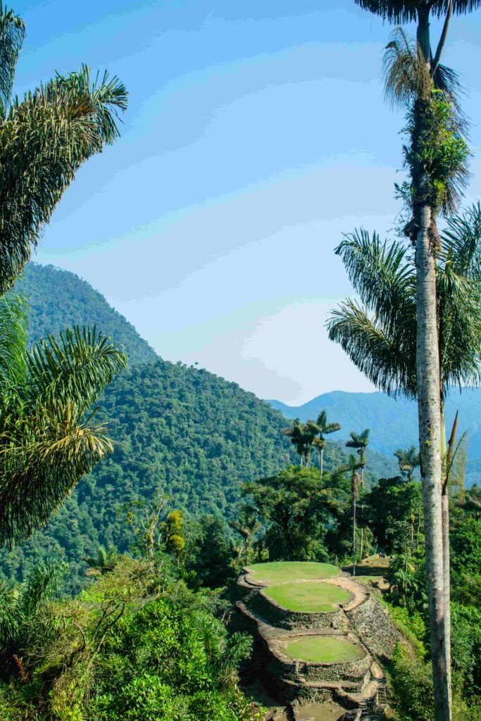 Ancient ruins of the Lost City surrounded by jungle vegetation in Santa Marta, Colombia.