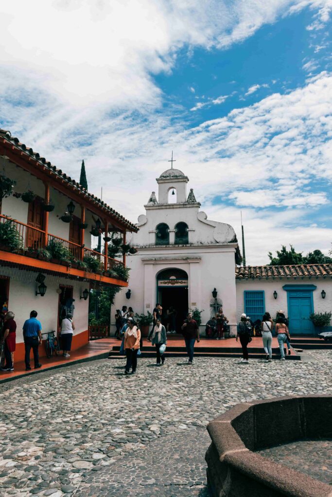 Traditional Colombian colonial architecture at Pueblito Paisa in Medellín, Colombia.